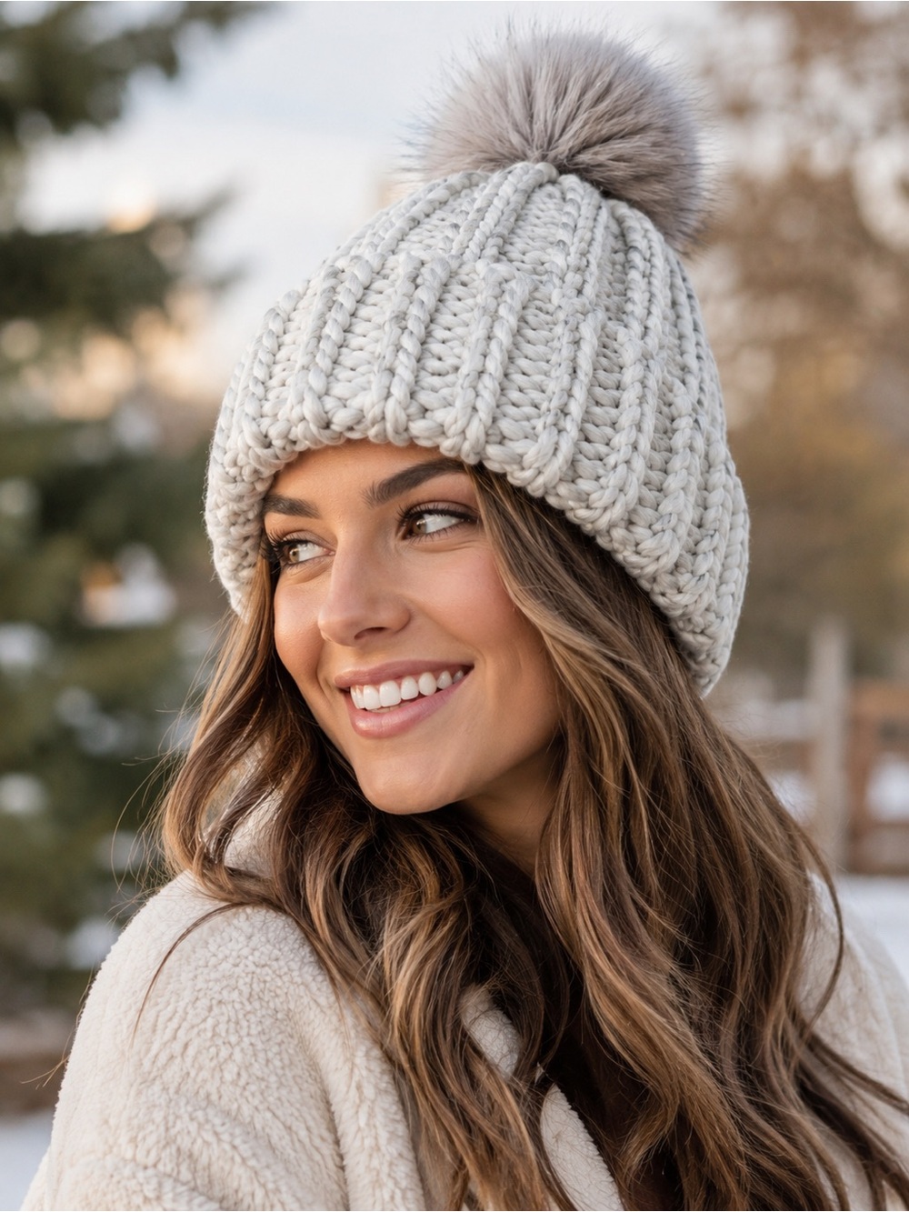 Pom-Pom Beanie Hat - Light Gray